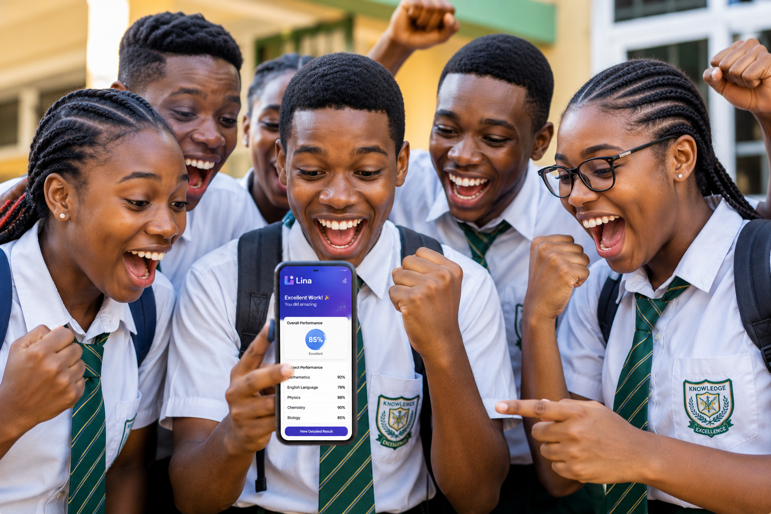 Nigerian secondary school students celebrating an 85% result on the Lina app