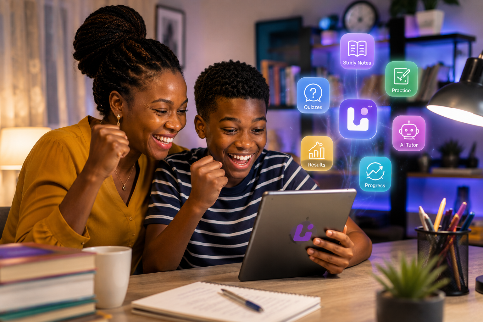 A parent and their son celebrating together over the Lina app at home